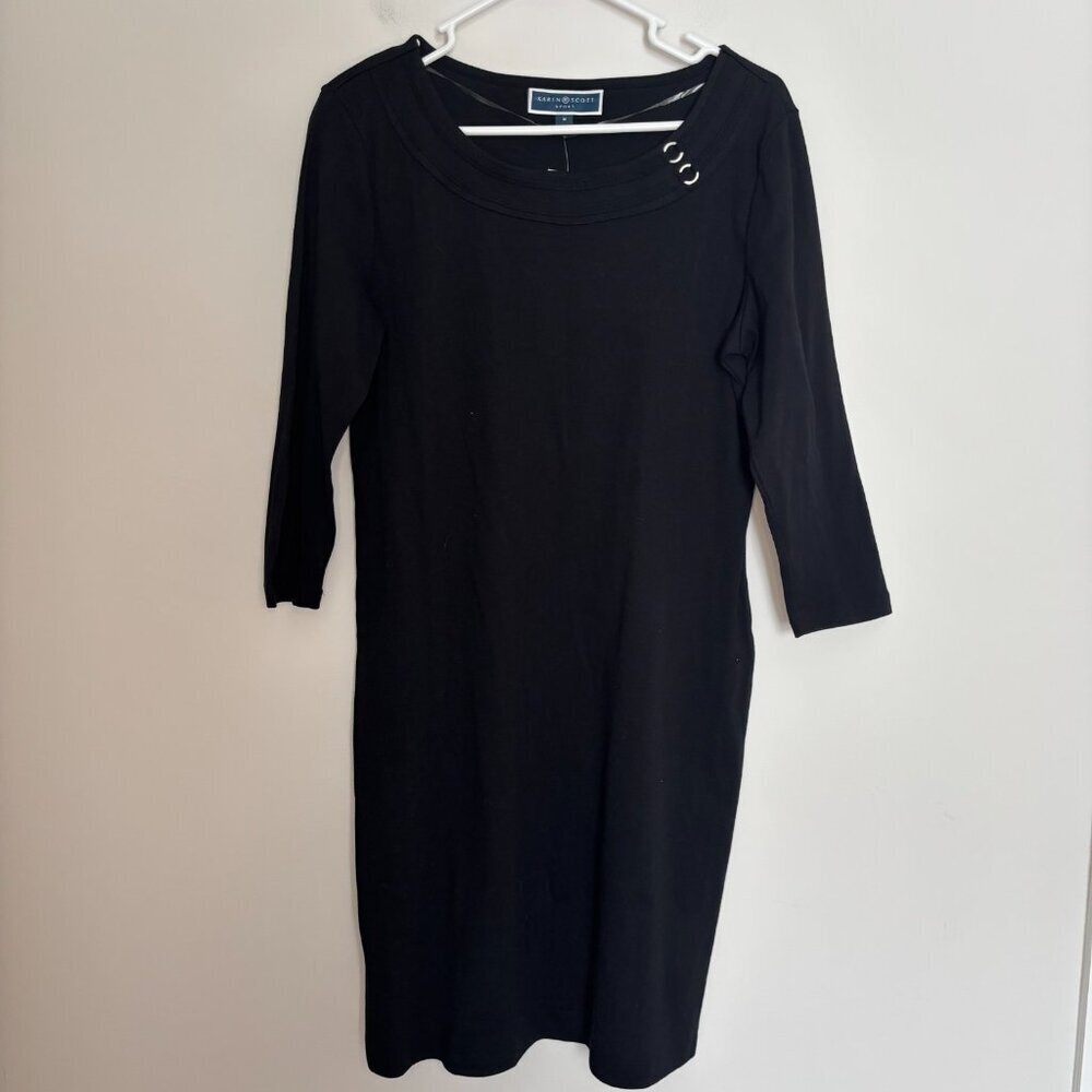 KAREN SCOTT NEW Cotton Hardware Dress Womens M Black 3/4 Sleeve Midi Office